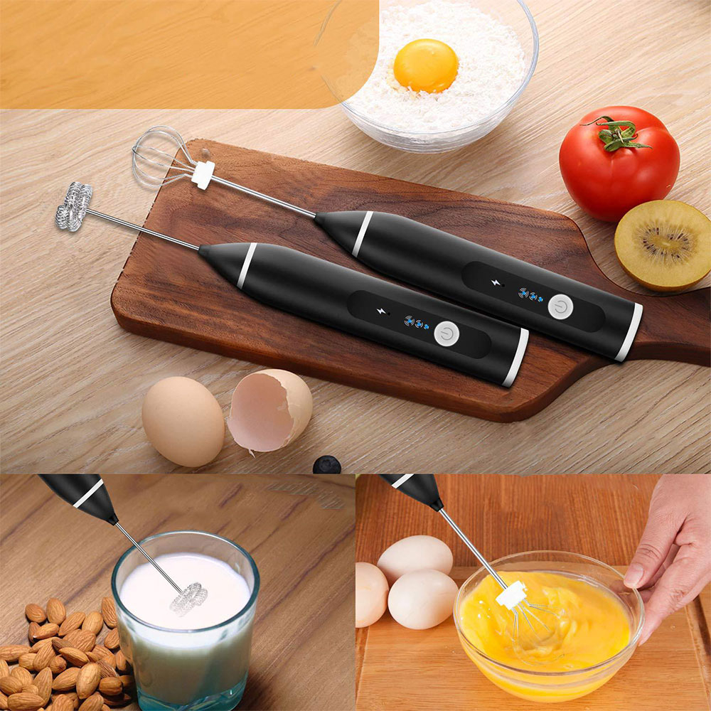 (3-tlg. Set) USB Milch Aufschäumer Aufladbar 3-Gang Handmixer für Kaffee / Milch / Eier - Schwarz