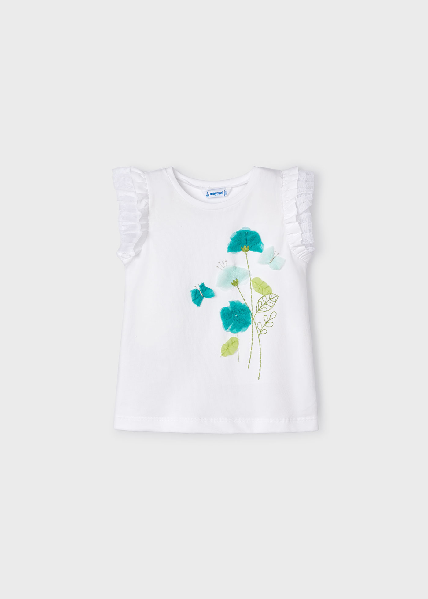 Camiseta feminina de tule floral, cor nude cru