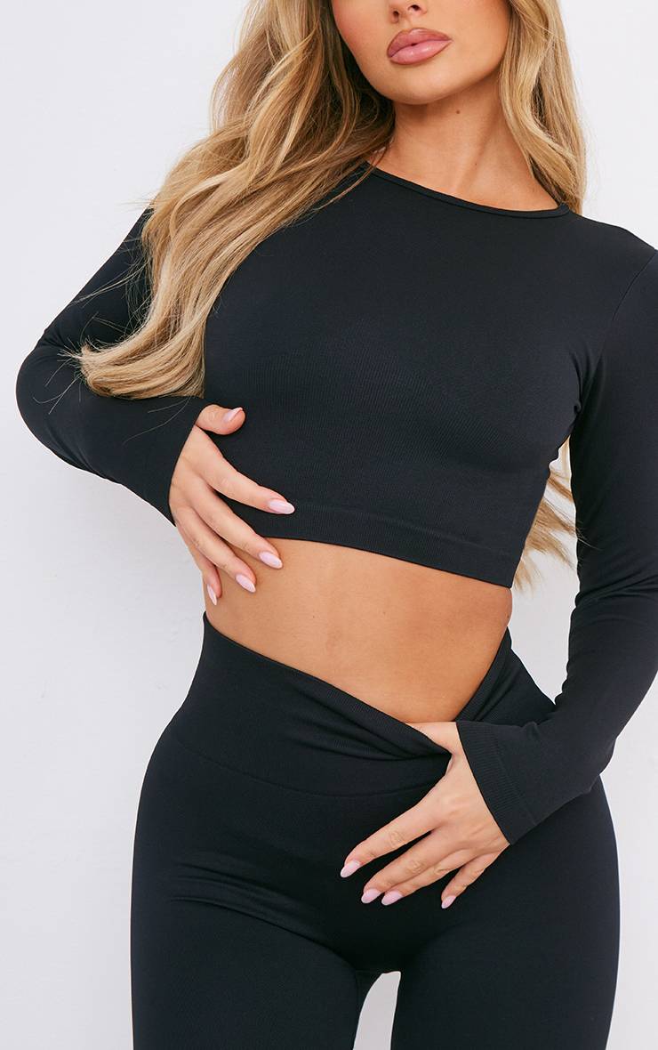 Noir Haut De Sport Court Sans Coutures À Manches Longues