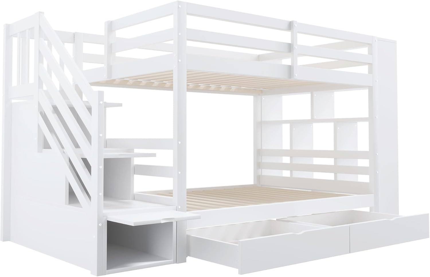 Etagenbett 2 Kinder Kinderbett 90x200 cm mit Schließfächern und Schublade, Hochbett mit Treppe und Rausfallschutz, Stockbett Holzbett Bettgestell mit Lattenrost, Weiß, Ohne Matratze