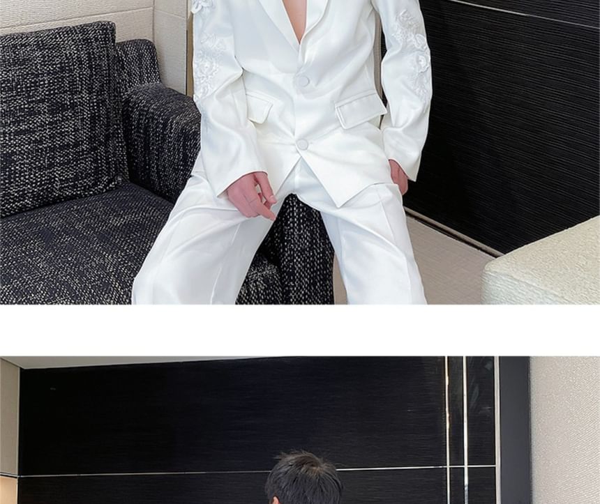 Bjorn - Set: Geborduurde, enkelrijs blazer met panelen + middelhoge, effen, losse pantalon