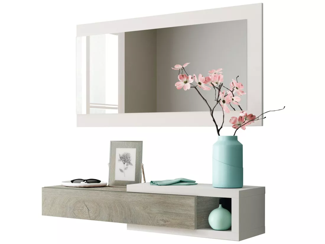 Meuble d'entrée Moon avec 1 tiroir et Miroir, Chêne/Blanc, Meuble, 95 cm Largeur