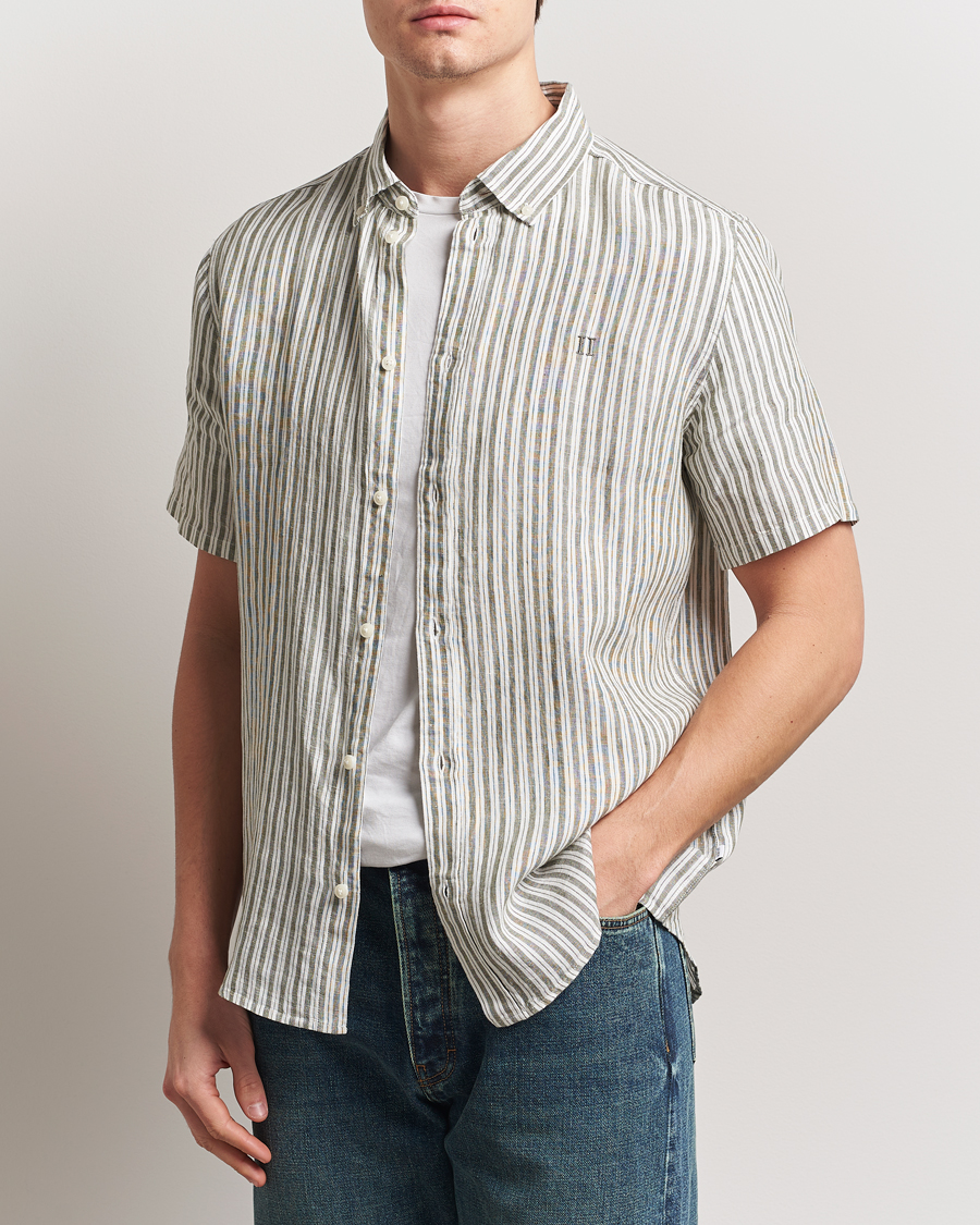 Les Deux Kris Linen Short Sleeve Shirt Ivory/Green