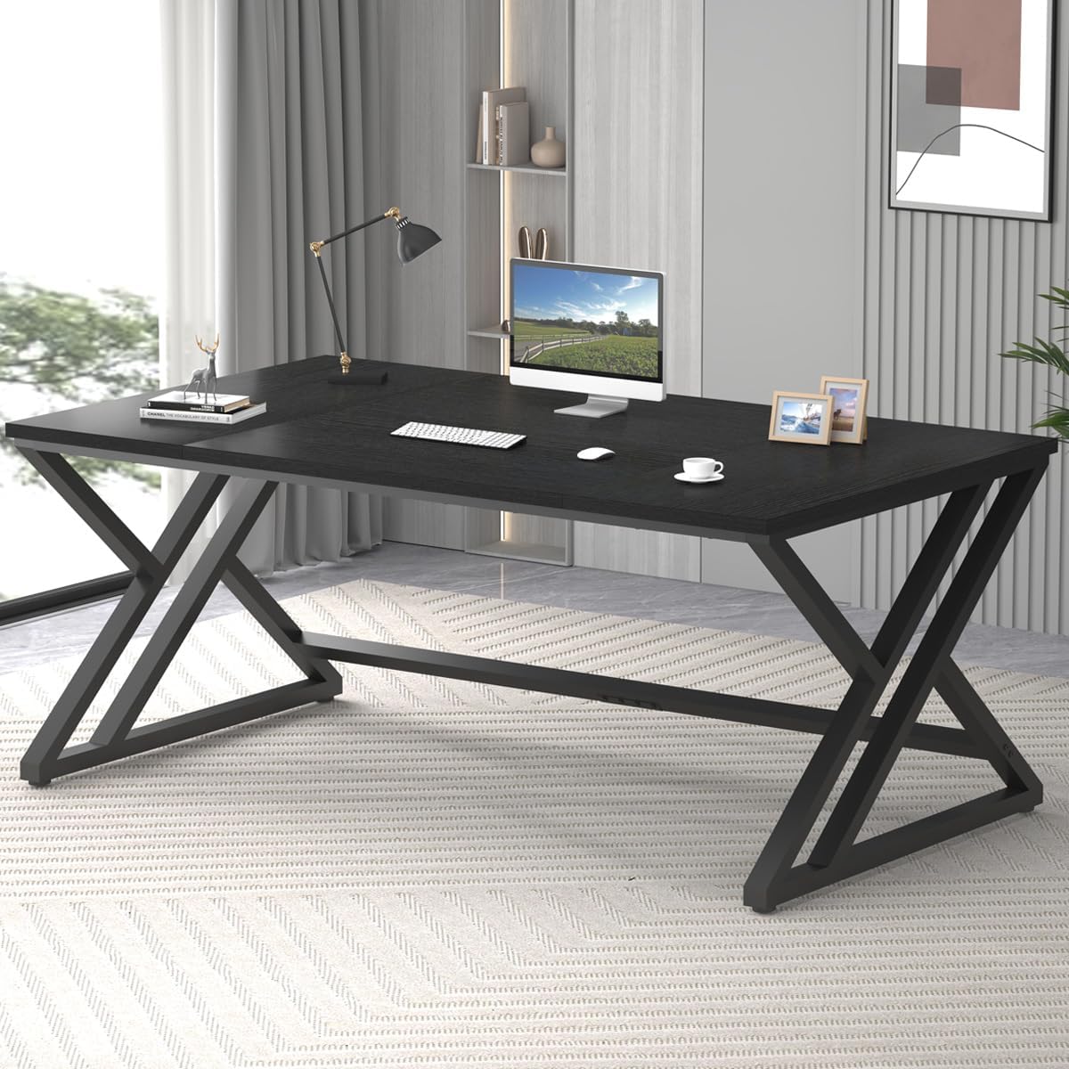 LVB Schreibtisch Langer Computertisch Bürotisch Großer Schreibtisch für Home Office Büro und Arbeitszimmer Gaming PC Tisch aus Holz Metall Büromöbel Modern Design Schwarz 180 x 80 cm