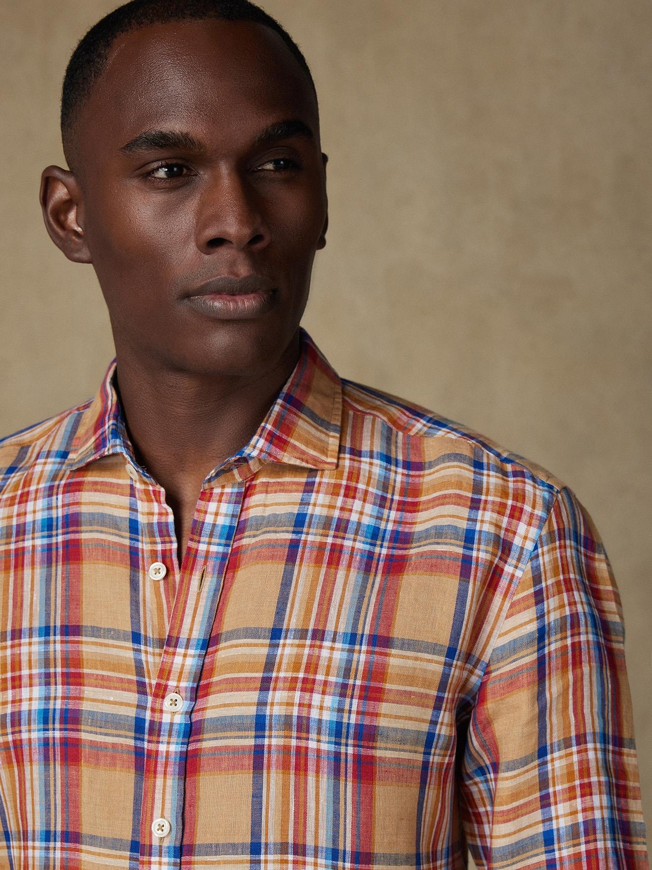 Chemise Phil en lin sable à motif tartan