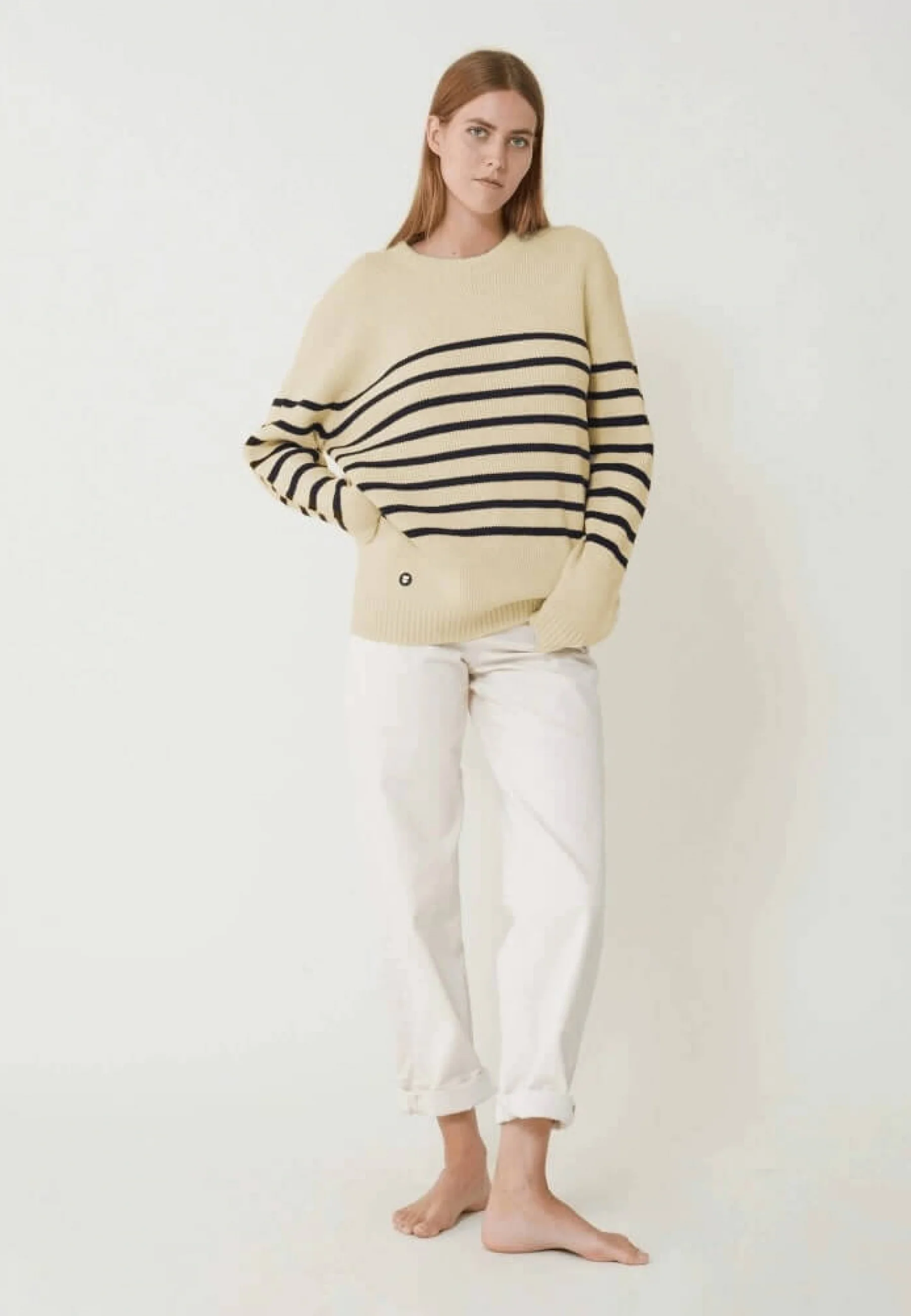 Pull mixte en laine française-Lude Marinière Ecru Marine