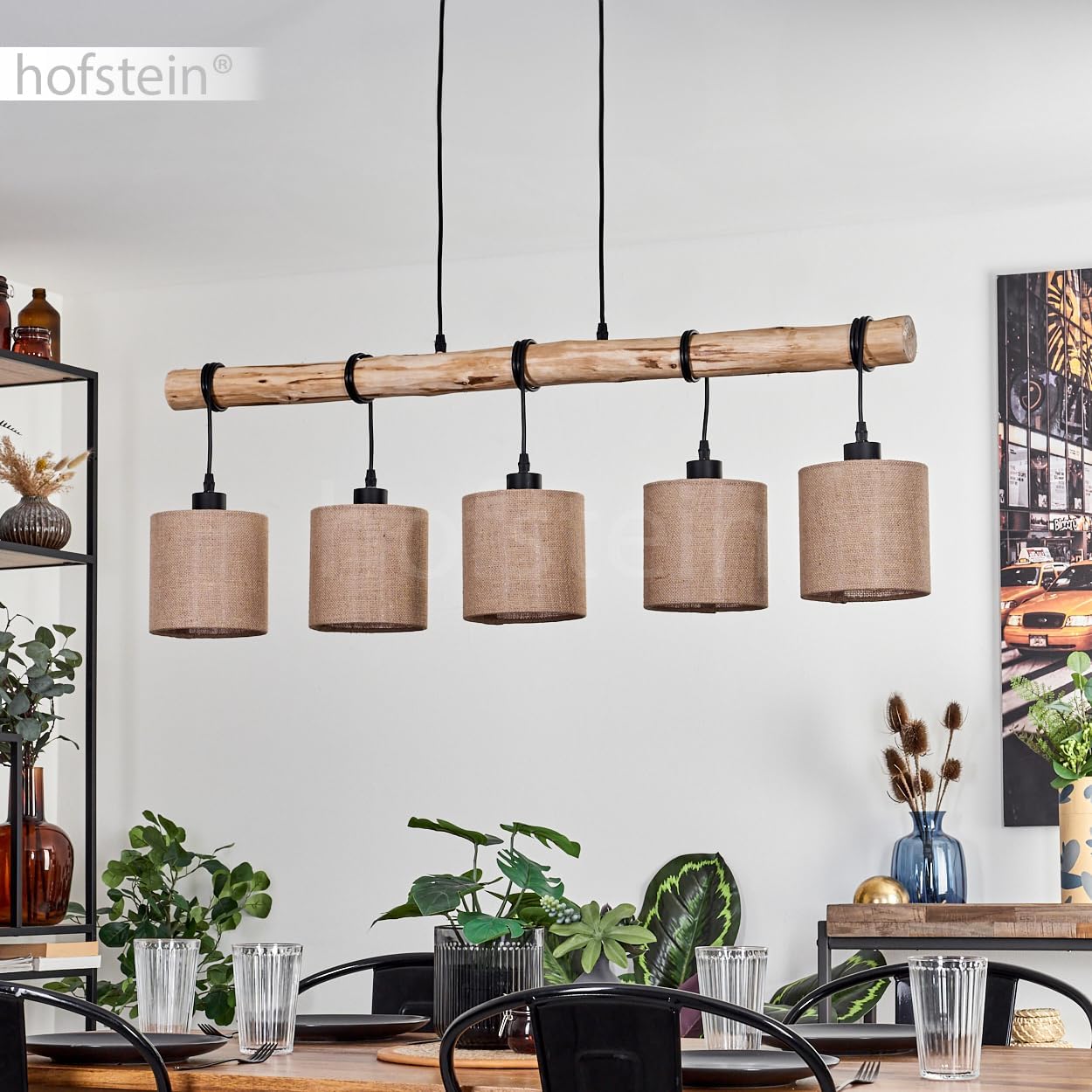 HOFSTEIN Pendelleuchte Soungou, moderne Hängelampe aus Holz/Metall/Leinen in Natur/Schwarz/Beige, 5-flammige Hängeleuchte im skandinavischen Design, Höhe max. 143 cm, E27, Wohnzimmer, Esszimmer, Küche