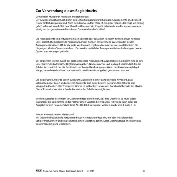 Hage Musikverlag Trompeten Fuchs Klavierbuch