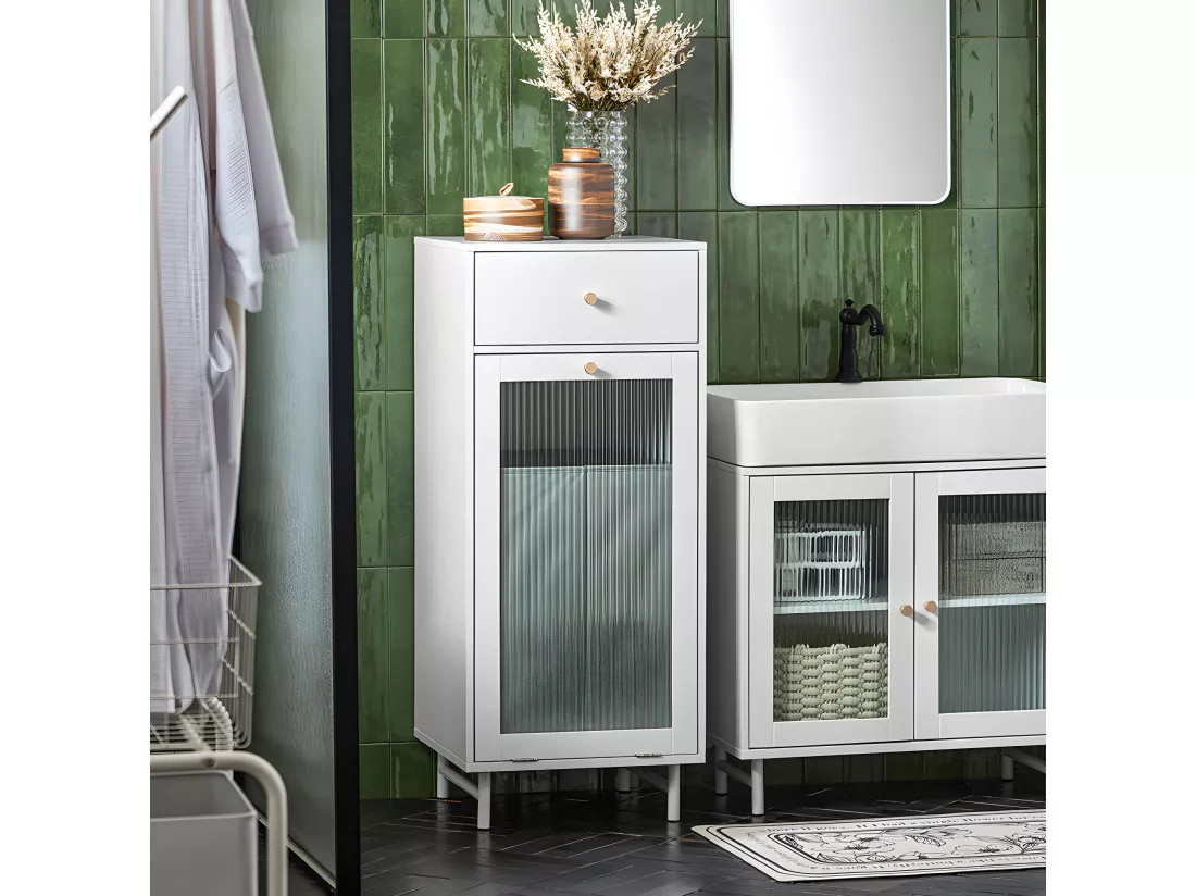SoBuy BZR116-W Armoire à Linge Meuble Bas de Salle de Bain sur Pieds Meuble Salle de Bain avec 1 tiroir, 1 Porte en Verre et 1 Panier à Linge Amovible