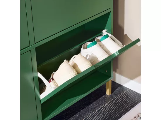 SoBuy Meuble Chaussure, Rangement Chaussure, Meuble d'Entrée, Armoire à Chaussures, Meuble de Rangement, Commode à 4 Abattants, Coffre Rangement, Pieds en Fer, Vert, L100xP19xH90cm, FSR100-SY