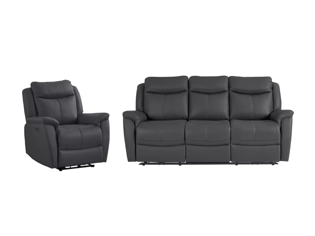 Canapé 3 places et fauteuil relax électrique en cuir de vachette gris anthracite NOMAJO
