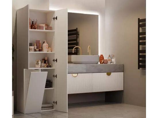 RORY - Armoire de salle de bain avec panier - Dimensions 174x60x30 - Meuble de rangement salle de bain espace buanderie - Beige