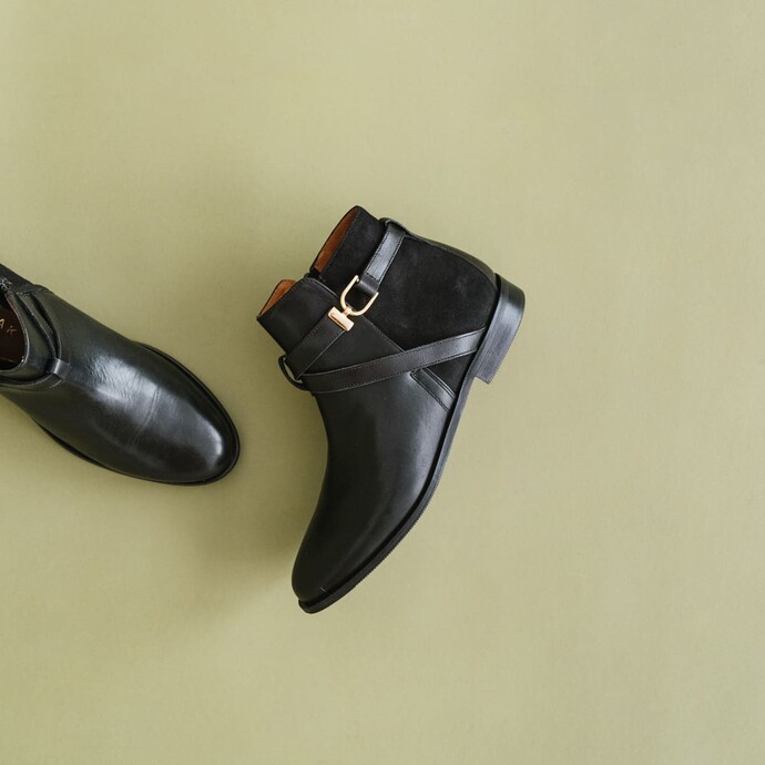 Bottines bi-matières  en cuir et velours noir
