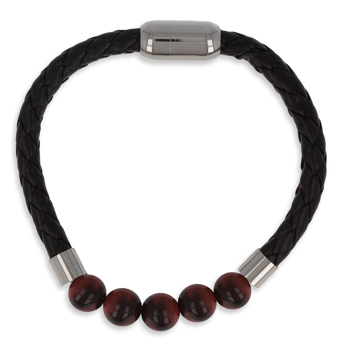 Bracelet Acier 316L cuir imitation 66M et 5 boules oeil de Tigre rouge