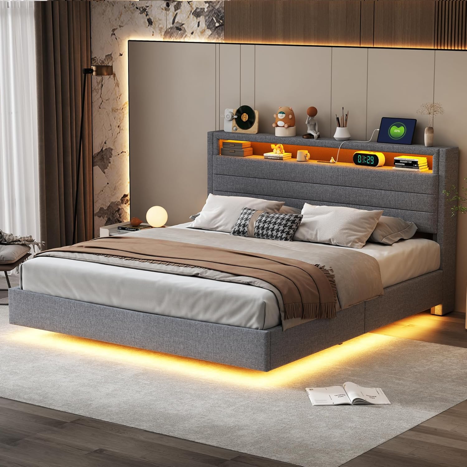 Polsterbett 160x200 cm, Doppelbett Funktionsbett mit USB-Steckdose und LED-Beleuchtung, Hängebett Kopfteil mit Verdeckter Stauraum, Bettgestell Bett mit Lattenrost, Leinen, Ohne Matratze, Grau