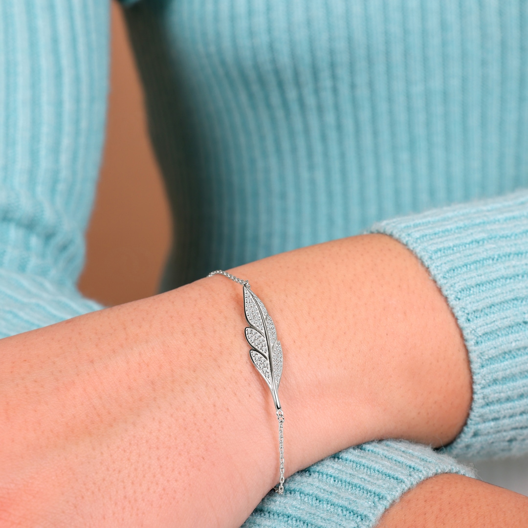Armband 925 Silber rhodiniert Feder mit Zirkonia 19cm