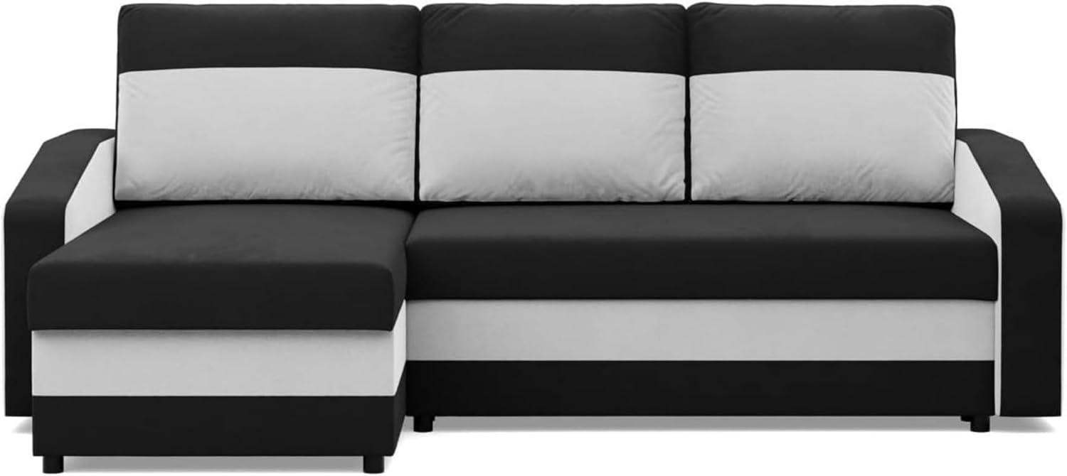 Mebligo - Ecksofa mit Schlaffunktion und Bettkasten Orion, Eckcouch Universelle Seite, Sofa L Form (BxTxH) 231 x 140 x 85 cm, Couch Wohnzimmer, Ecke Sofa, Schwarz + Weiß (Mikro 15 + Mikro 31)
