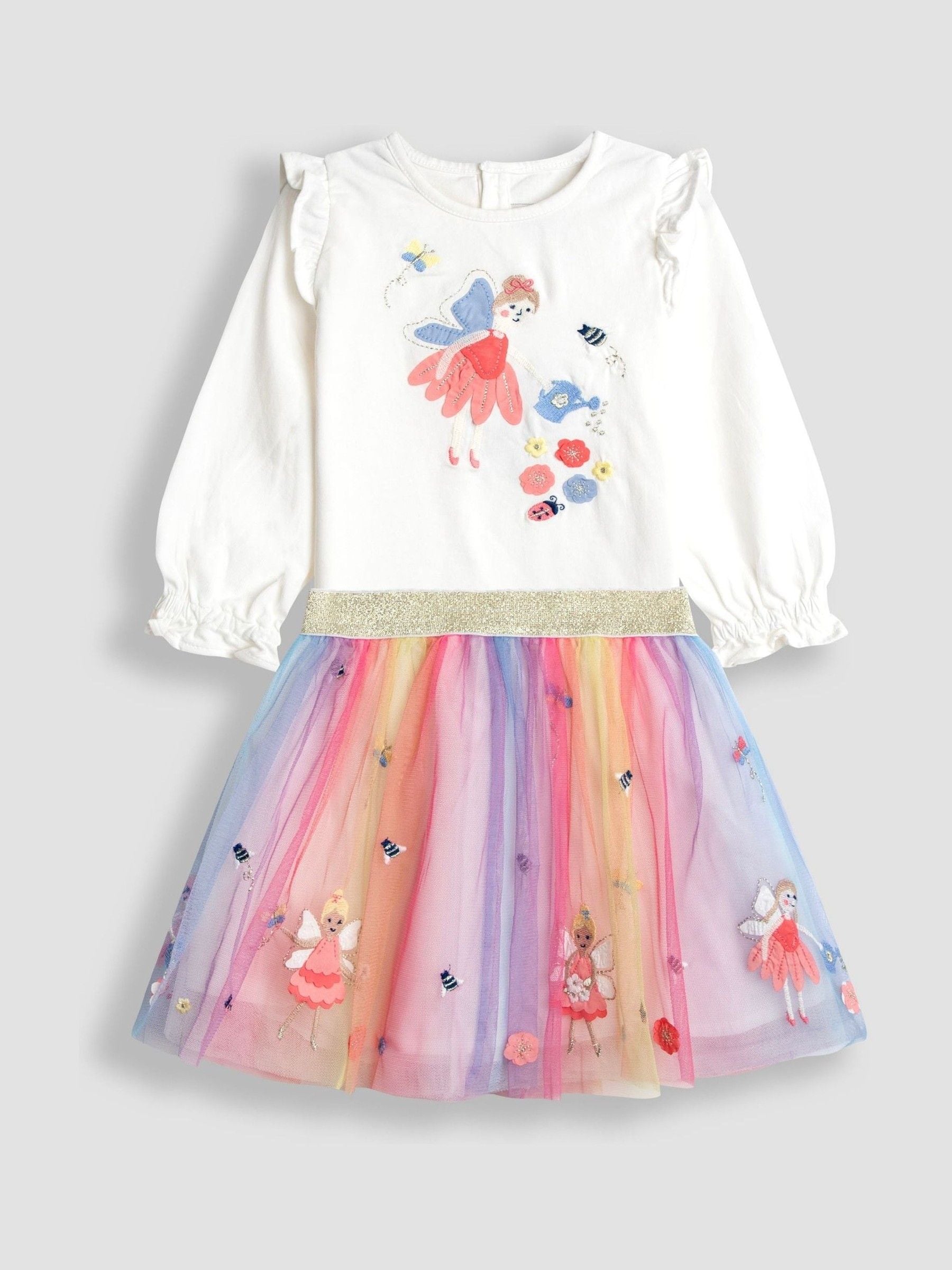 Crèmekleurig met eenhoorn - JoJo Maman Bébé Frill Sleeve Top & Tulle Skirt Set