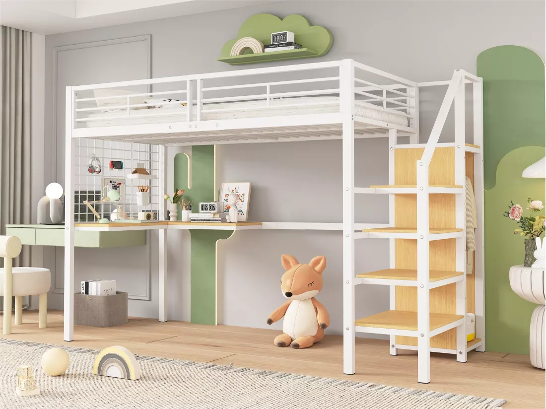 Lit superposé 90x200 cm - avec bureau et armoire - en fer et panneaux de particules - Blanc