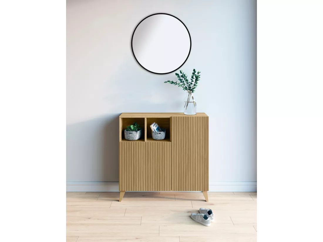 Meuble à chaussures/rangement - H87cm x L90cm x P27cm chêne doré portes impression lattes - Moss
