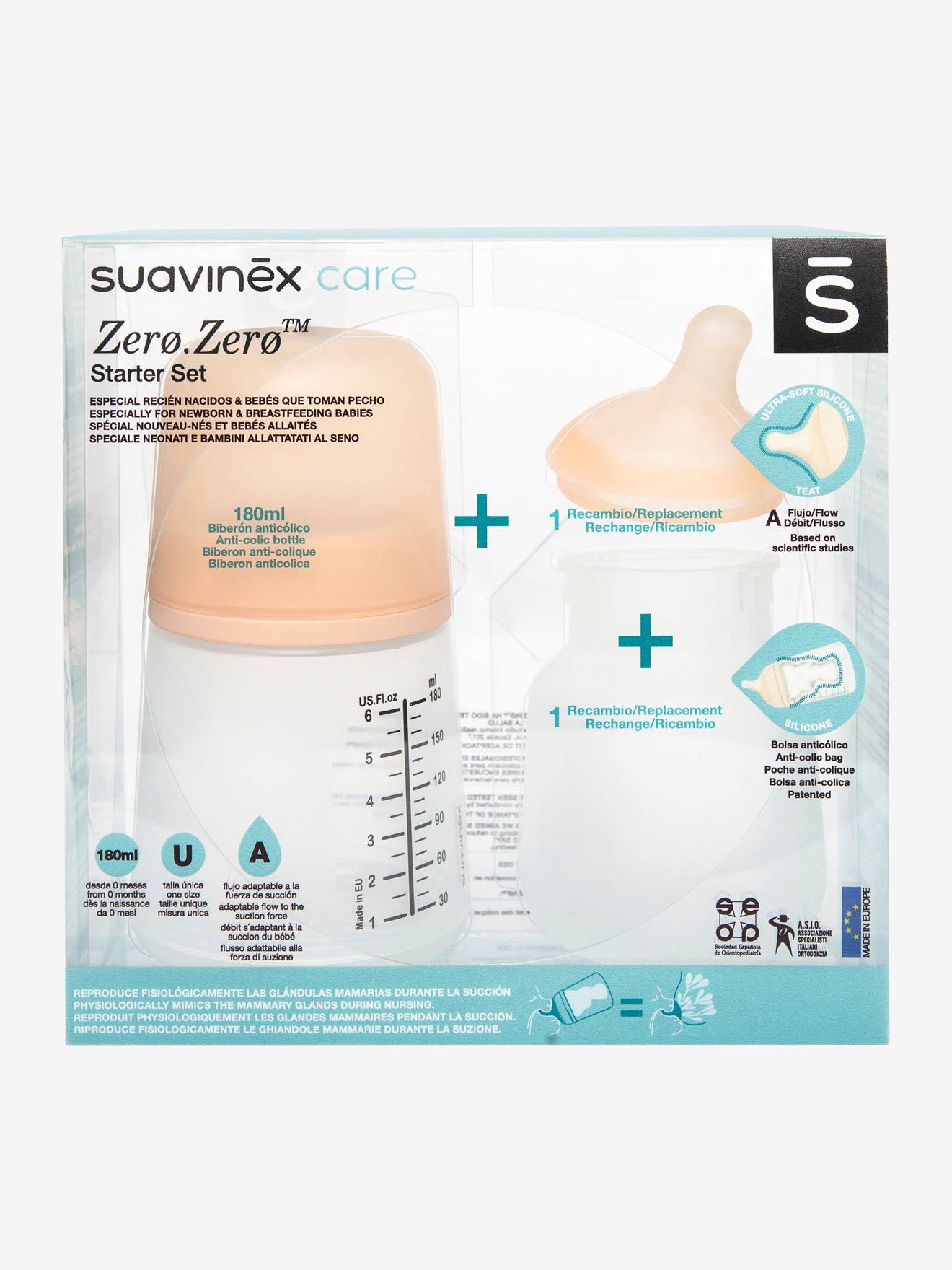 Conjunto inicial de mamadeiras SUAVINEX Zero.Zero 180ml, rosa claro, lisa com estampas.