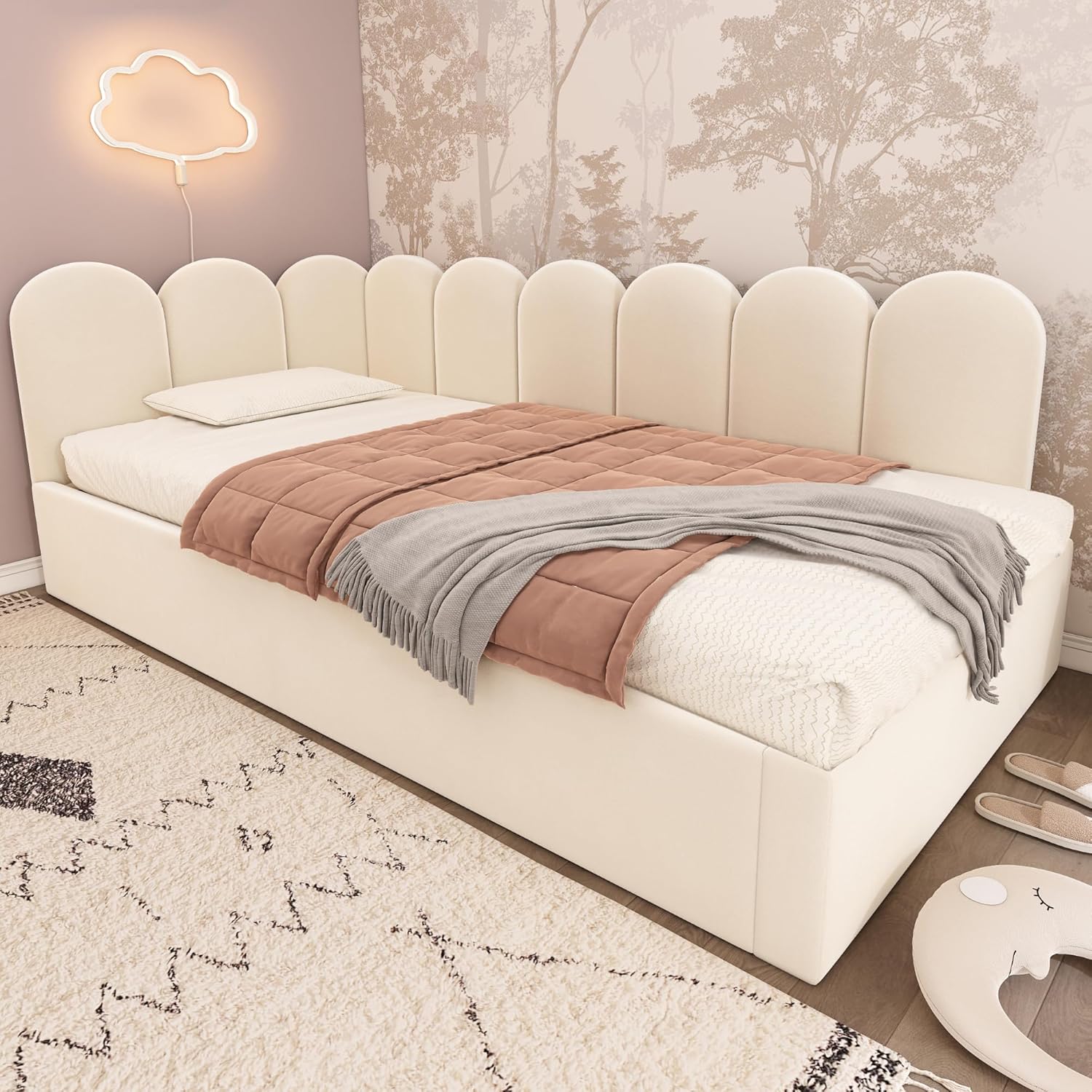 Polsterbett, Daybett 90x200cm,Tagesbett Schlafsofa mit Ausziehbett 90x190cm, Kinderbett mit Lattenrost(ohne Matratze), Samt, Beige