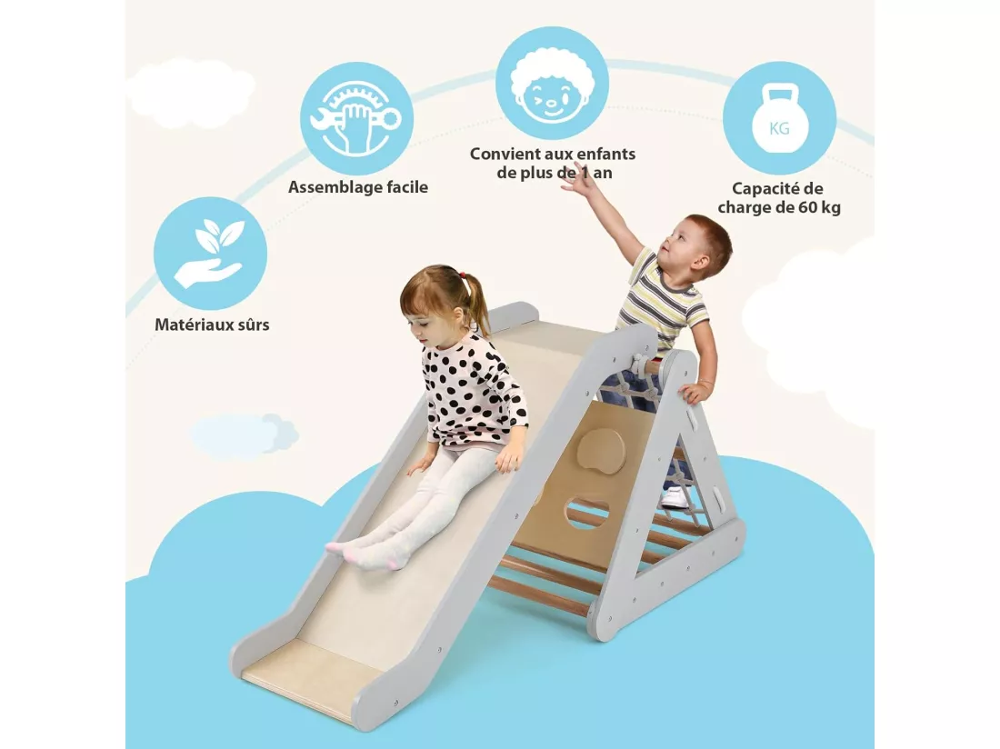4 en 1 Triangle d'escalade Montessori Enfant avec Toboggan, Echelle d'escalade en Bois avec Filet, Inclinaison Réglable, Intérieur, Charge 60kg pour Enfants de 1 an+