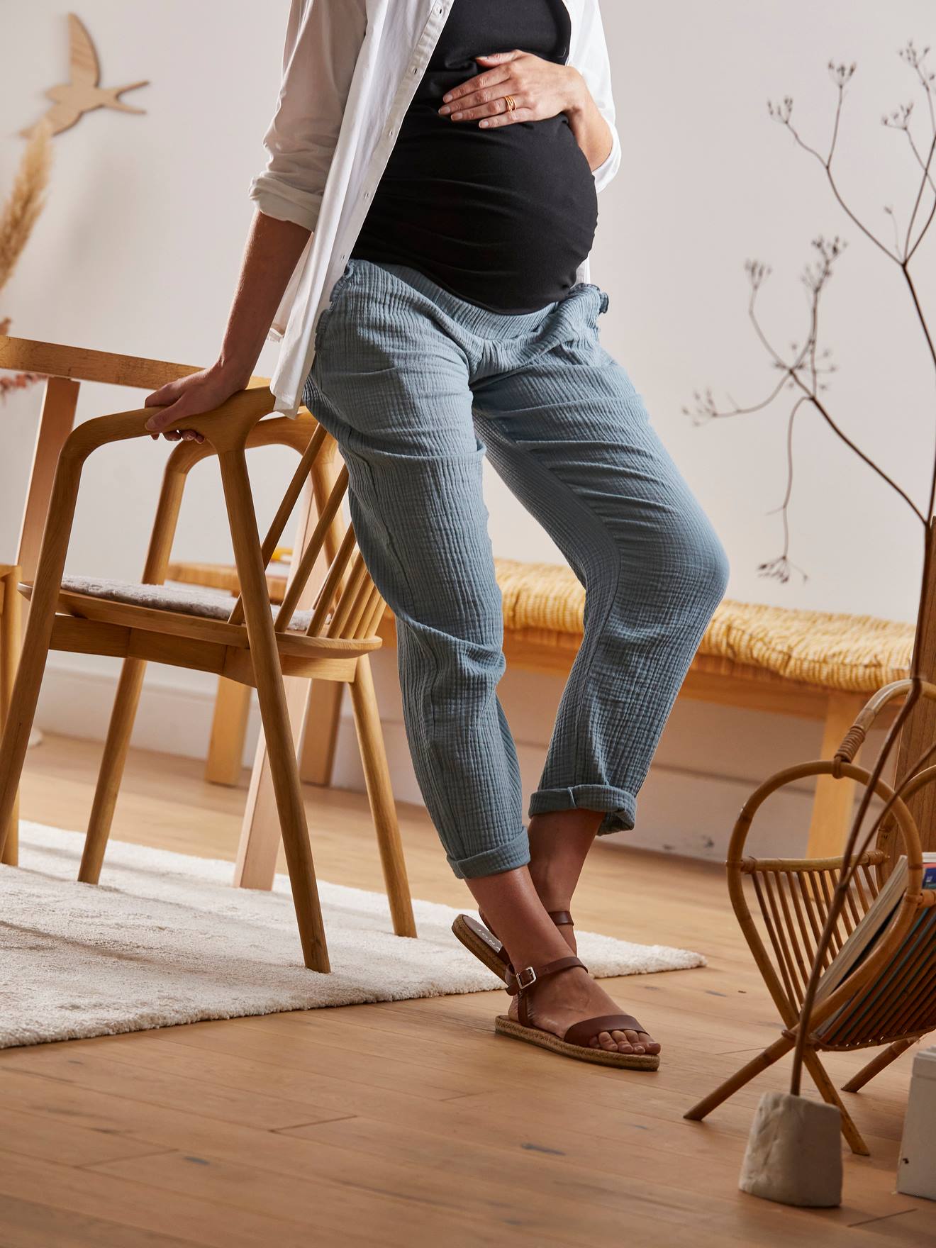 Calças de maternidade em chiffon de algodão cor argila