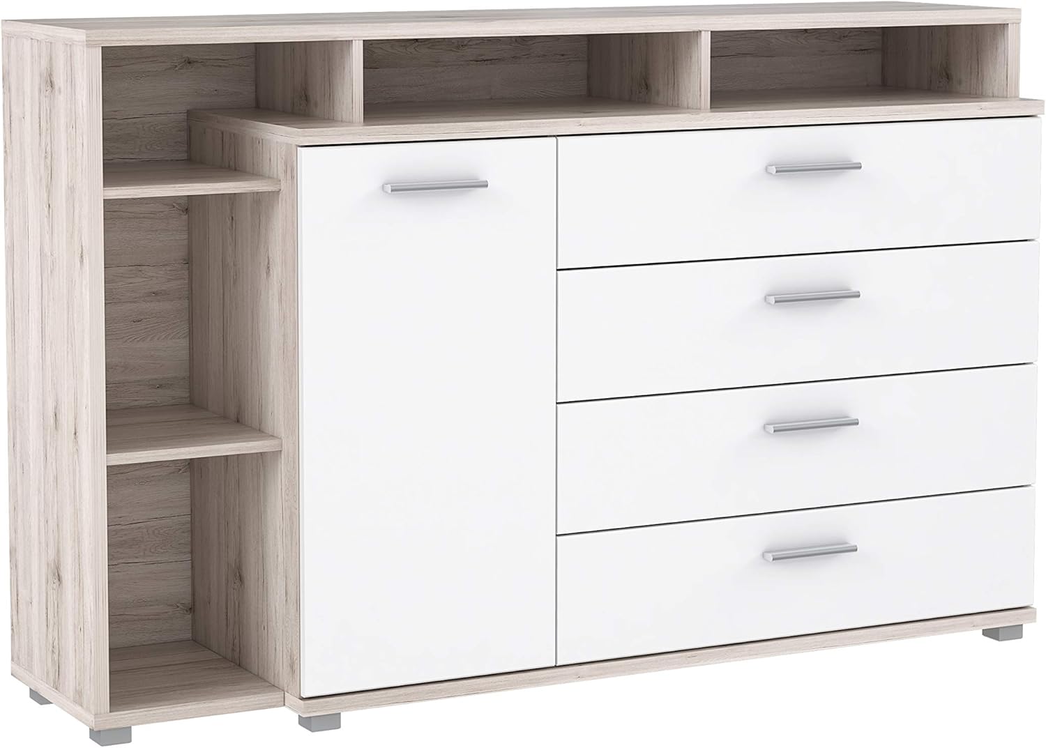 FORTE Beach Kommode mit 1 Tür, 4 Schubladen und offenen Fächern, Holzwerkstoff, Sandeiche/Weiß, 153,1 x 99,8 x 41,3 cm