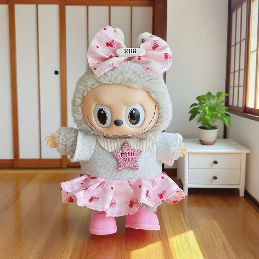 (2-tlg. Set) Monsterhäschen Kirschen Kragen Kleid Puppen Zubehör Outfit Verkleidungs Accessoire inkl. Schleife - Rosa / Grau