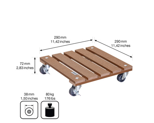 Plantenwagen WPC 29x29 cm max. draagvermogen 80 kg bruin