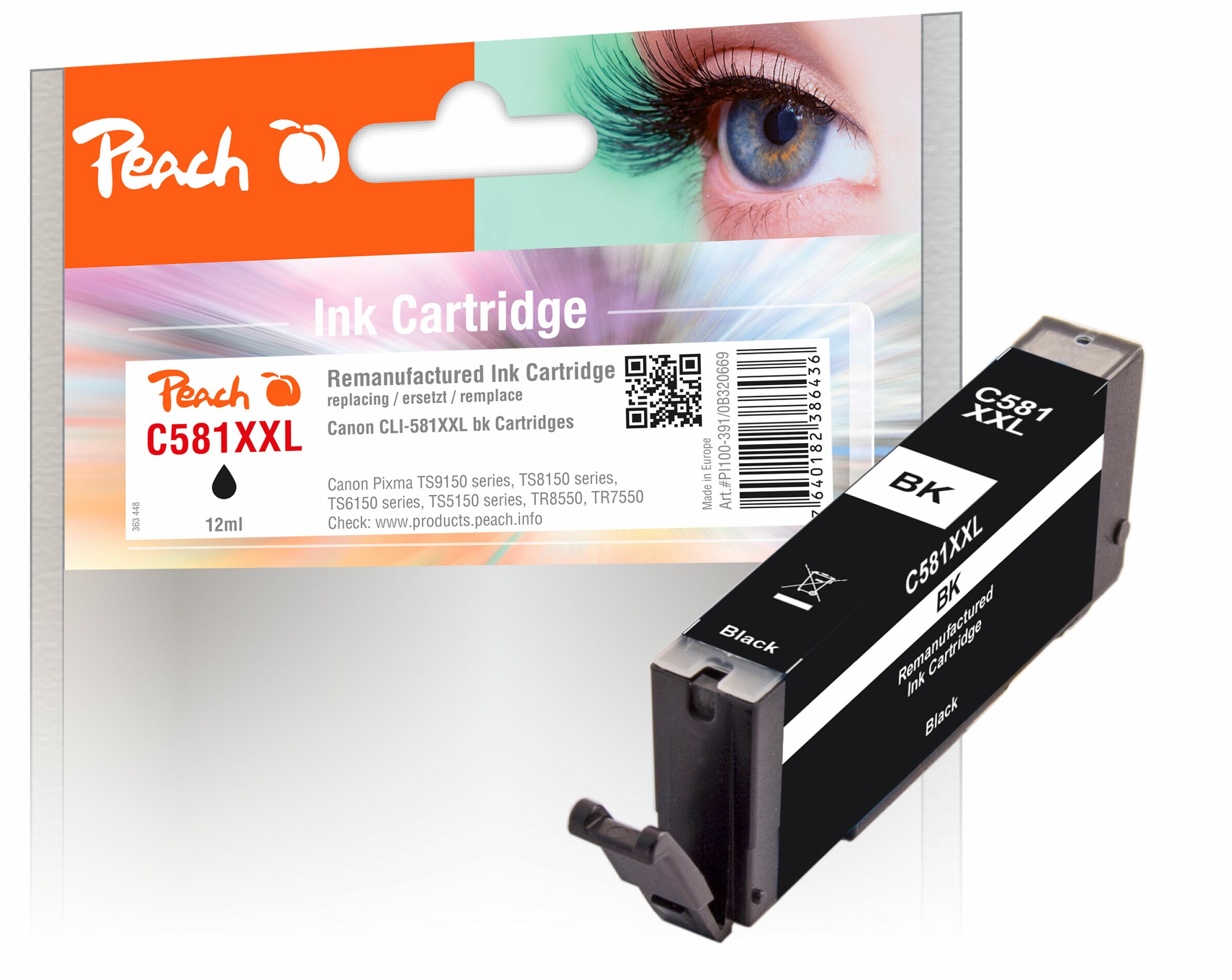 Peach C581 XXLBK Druckerpatrone XXL bkph ersetzt Canon CLI-581XXLBK, 1998C001 für z.B. Canon Pixma TR 8550, Canon Pixma TS 8351 a (wiederaufbereitet)