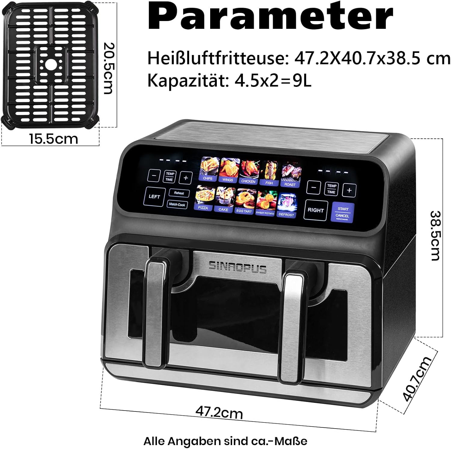 Dual Zone 9L-802TS Heißluftfritteuse, XXL Doppelkammer 2200W Heißluftfritteuse mit Trennwand, LED Touch Display, 8 Programme, 10-in-1 Heißluftfritteuse mit 2 Körben