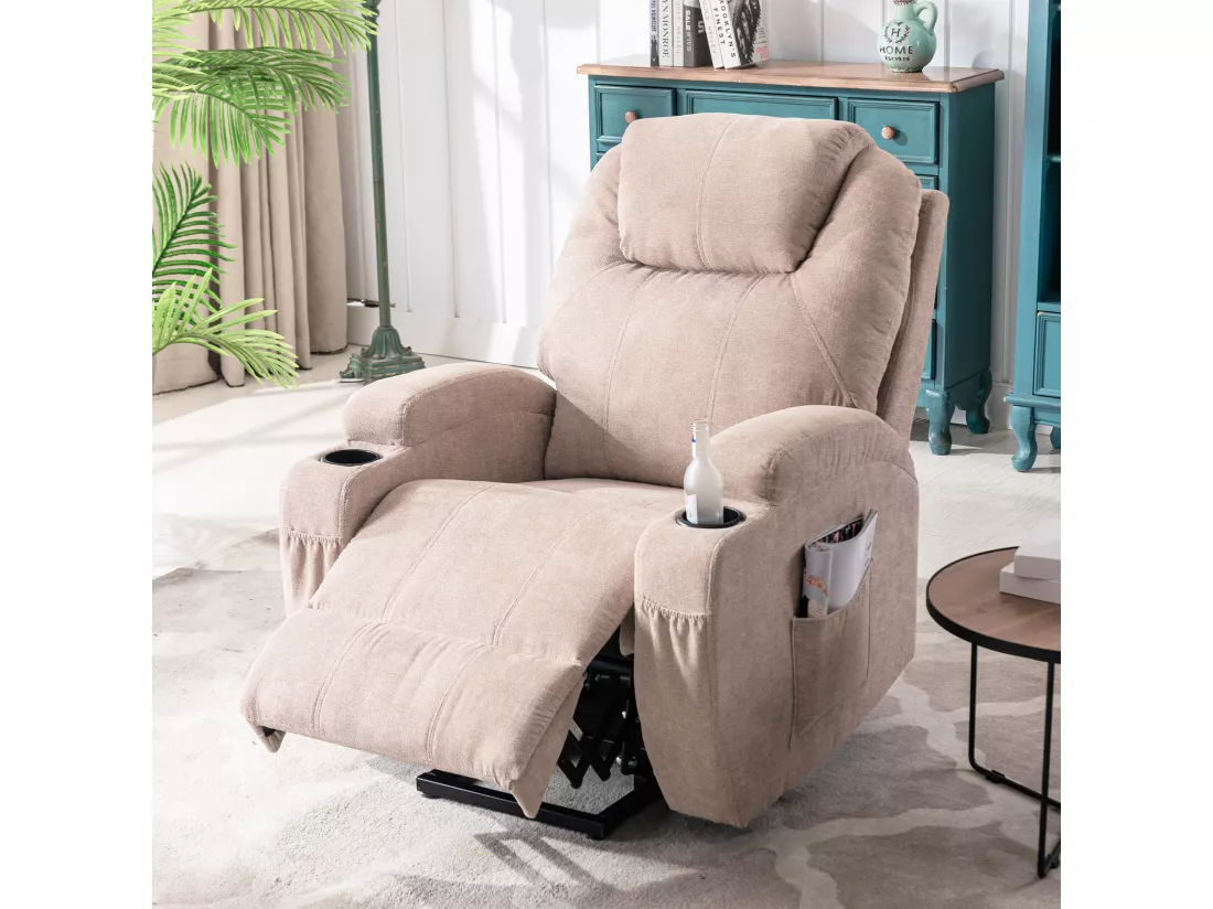 Fauteuil relax électrique avec fonctions de chauffage et de vibration - 2 porte-gobelets et poches latéralles - Gris clair