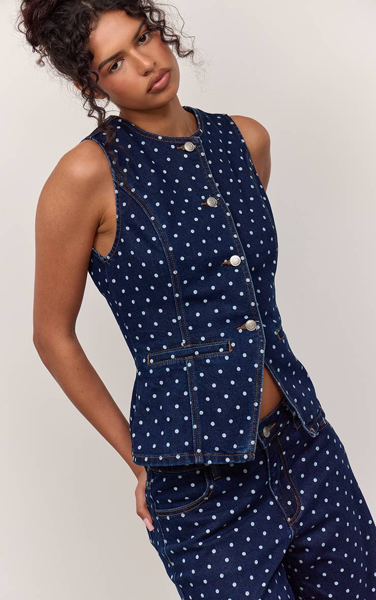Bleu Indigo Gilet Long En Jean Ajusté À Pois