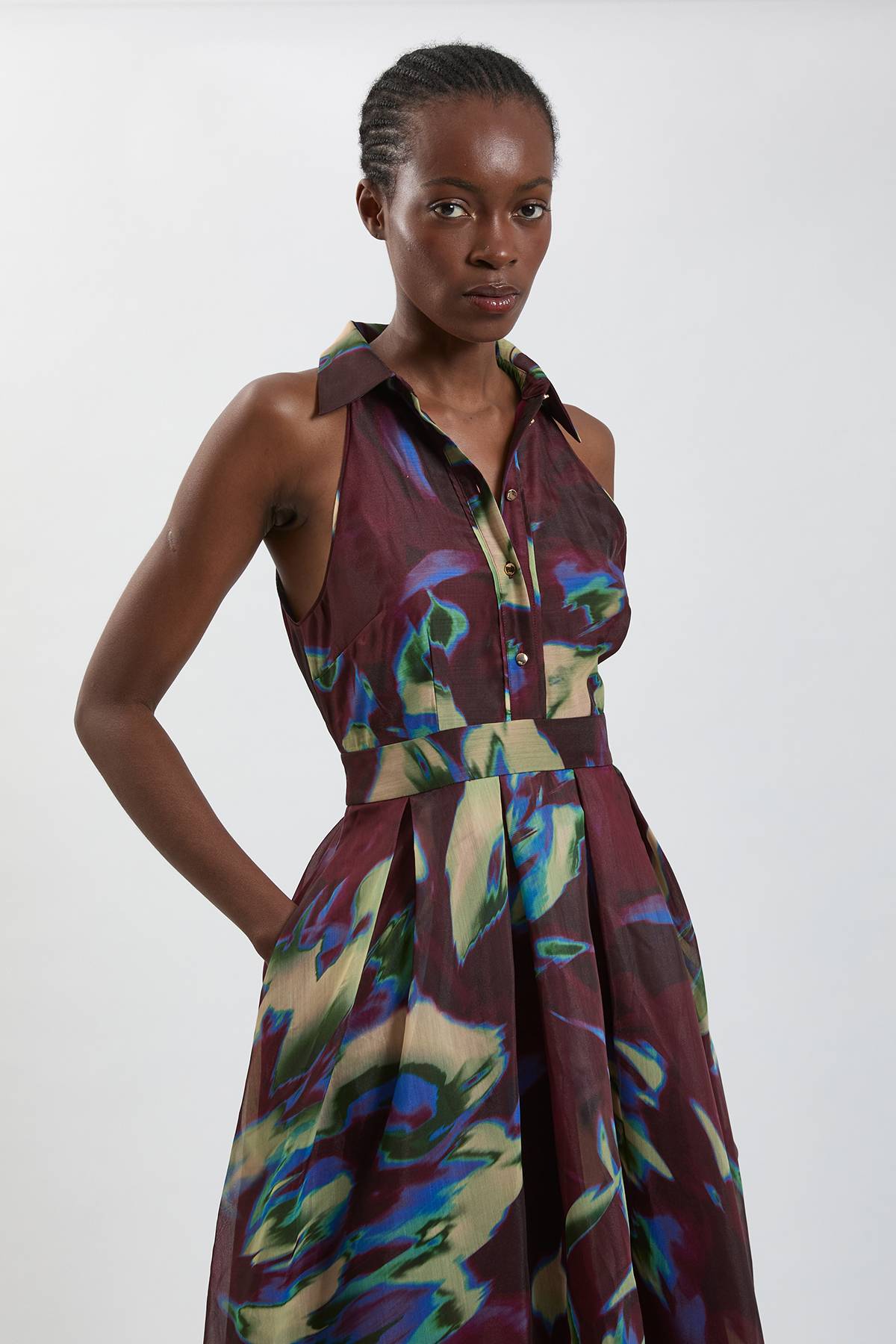 KarenMillen Robe Maxi Col Chemisier Organza Imprimé Abstrait