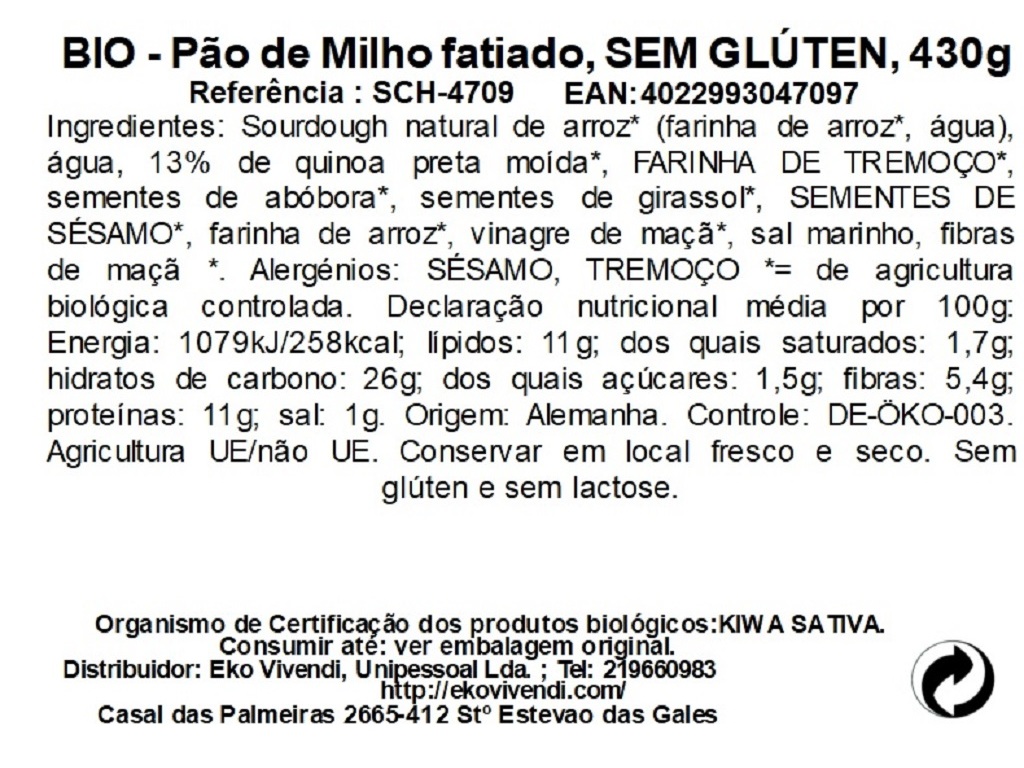 PÃO MILHO FATIA SCHNITZER BIO SEM GLÚTEN 430G