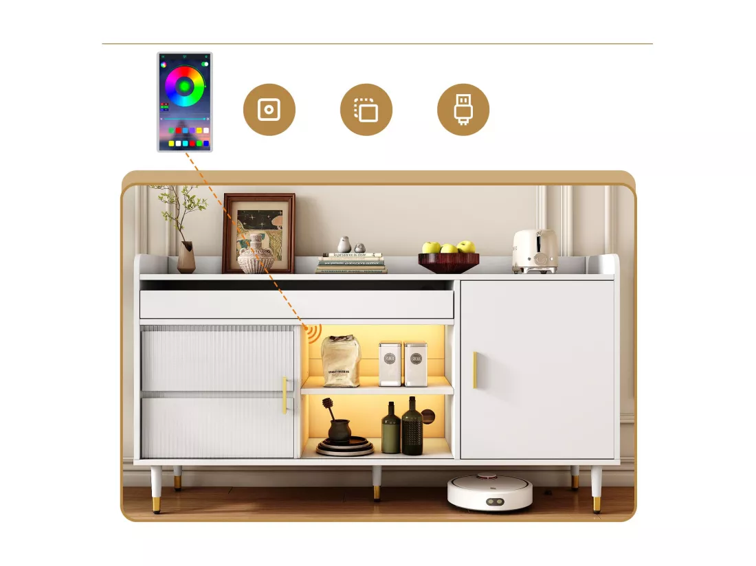 Buffet bas avec LED - 2 portes & 3 tiroirs - Blanc