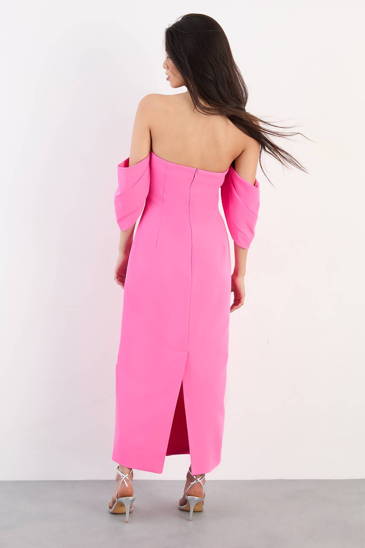 Warehouse Robe Midi Colonne Bardot en Crêpe Stretch