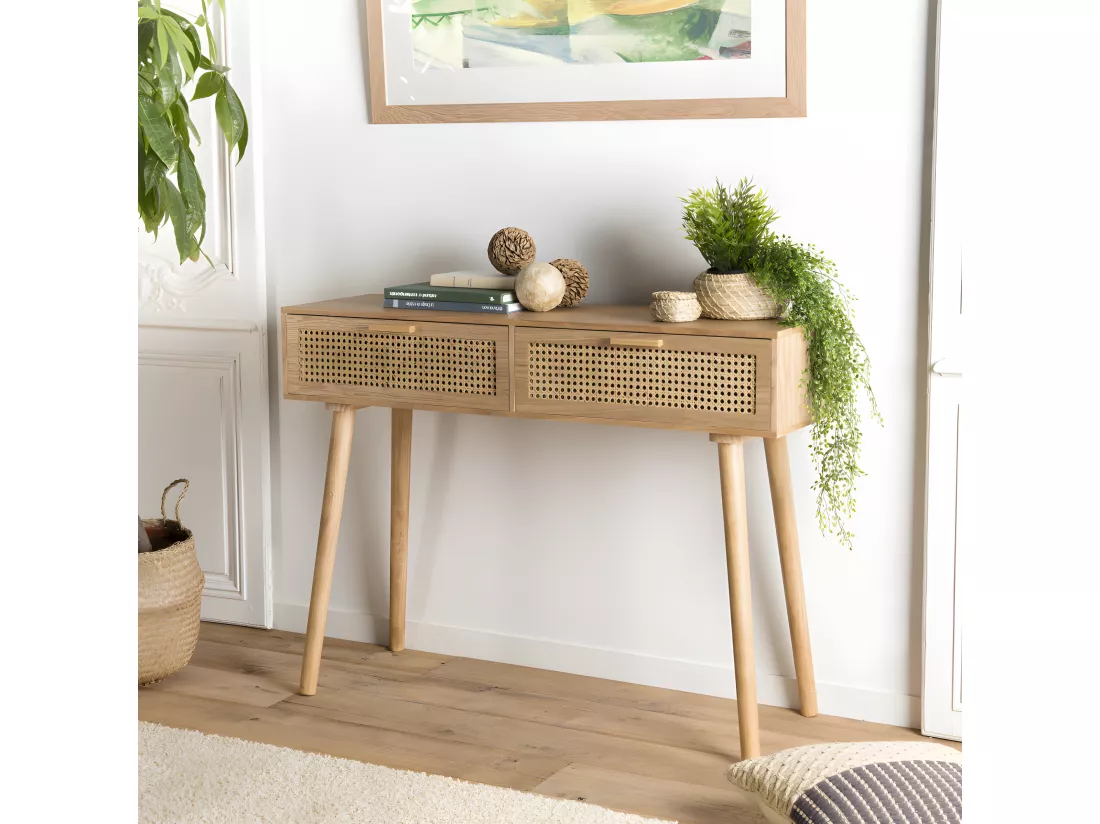 ROMEO - Console couleur naturelle 2 tiroirs bois cannage