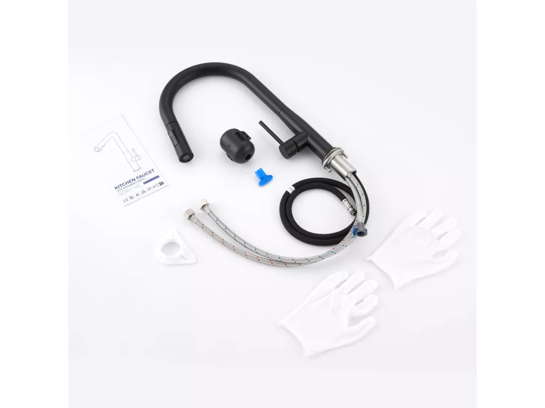 2PCS AURALUMMAX Mitigeur Cuisine,Robinet d'Évier Inox avec Douchette Extractible,2 Modes Jets Eau Froide/Chaude Rotatif 360 degré,Bec en Forme U,Noir