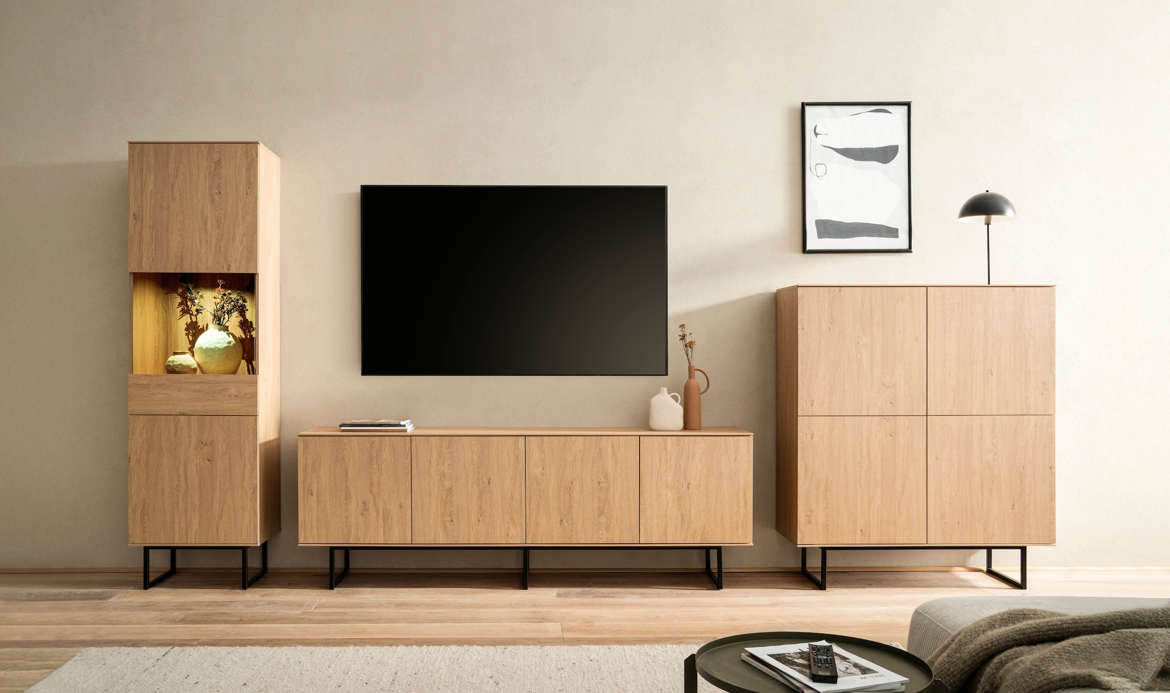 Home affaire Wohnwand »Lund, moderne Anbauwand, Wohnzimmer-Set in Stone Oak« 3 Stk. tlg.