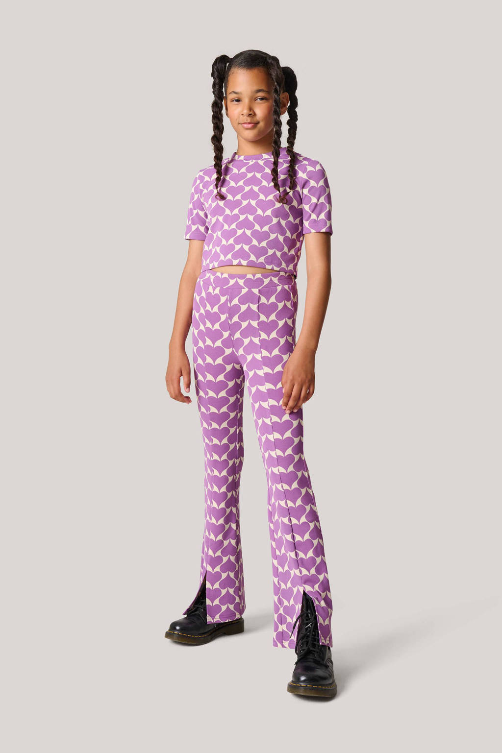 Shoeby flared broek met hartjes paars/offwhite
