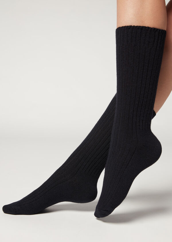 Meias curtas caneladas em lã e cashmere