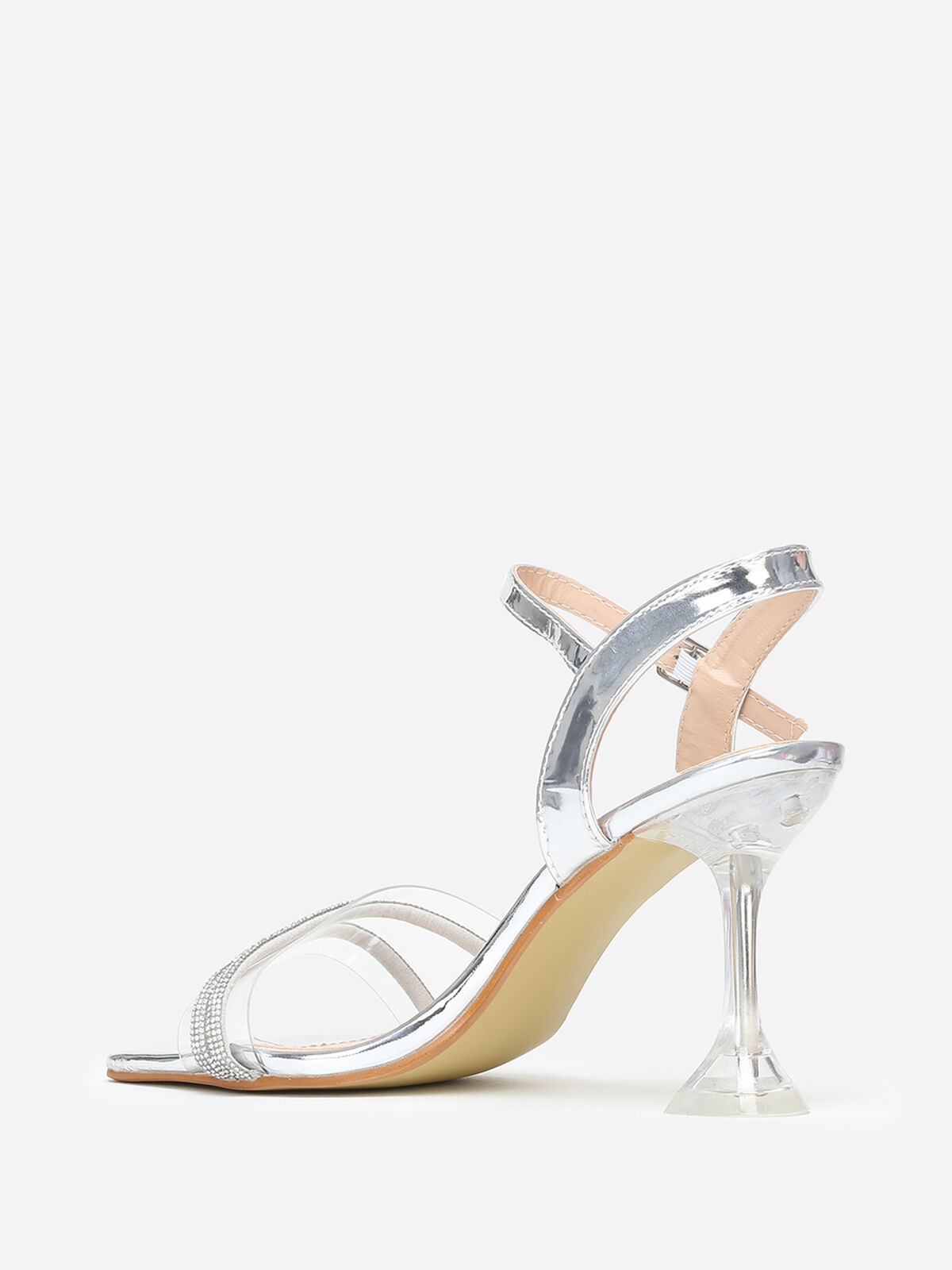 Sandales à strass avec talon bobine- Argenté