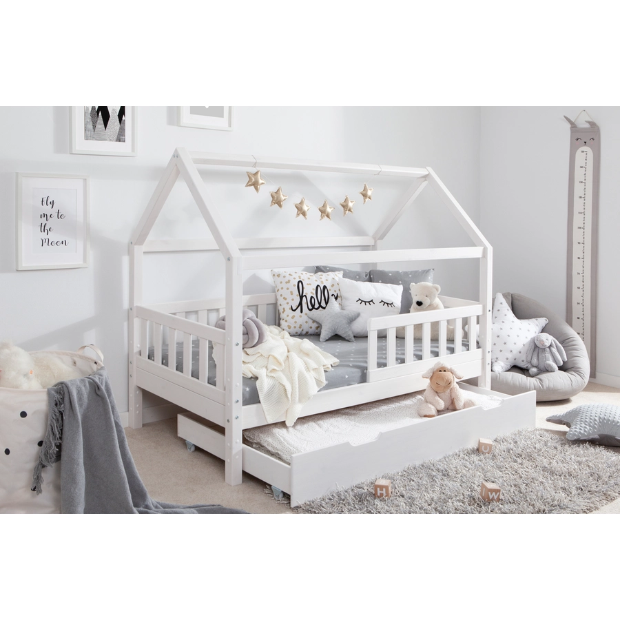 TICAA Kinderbett Hausbett Kay 80x160 inkl. Schubkästen Kiefer weiß Weiß