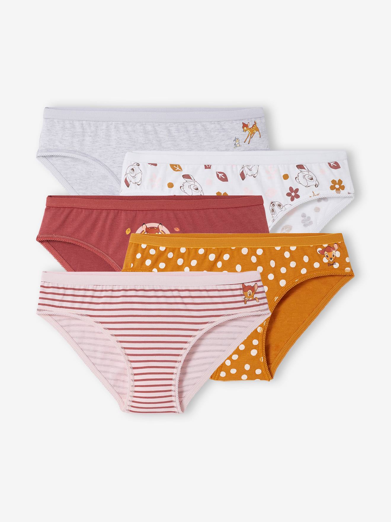 Pacote com 5 calcinhas lisas marrom-claras DS® Bambi com estampas.