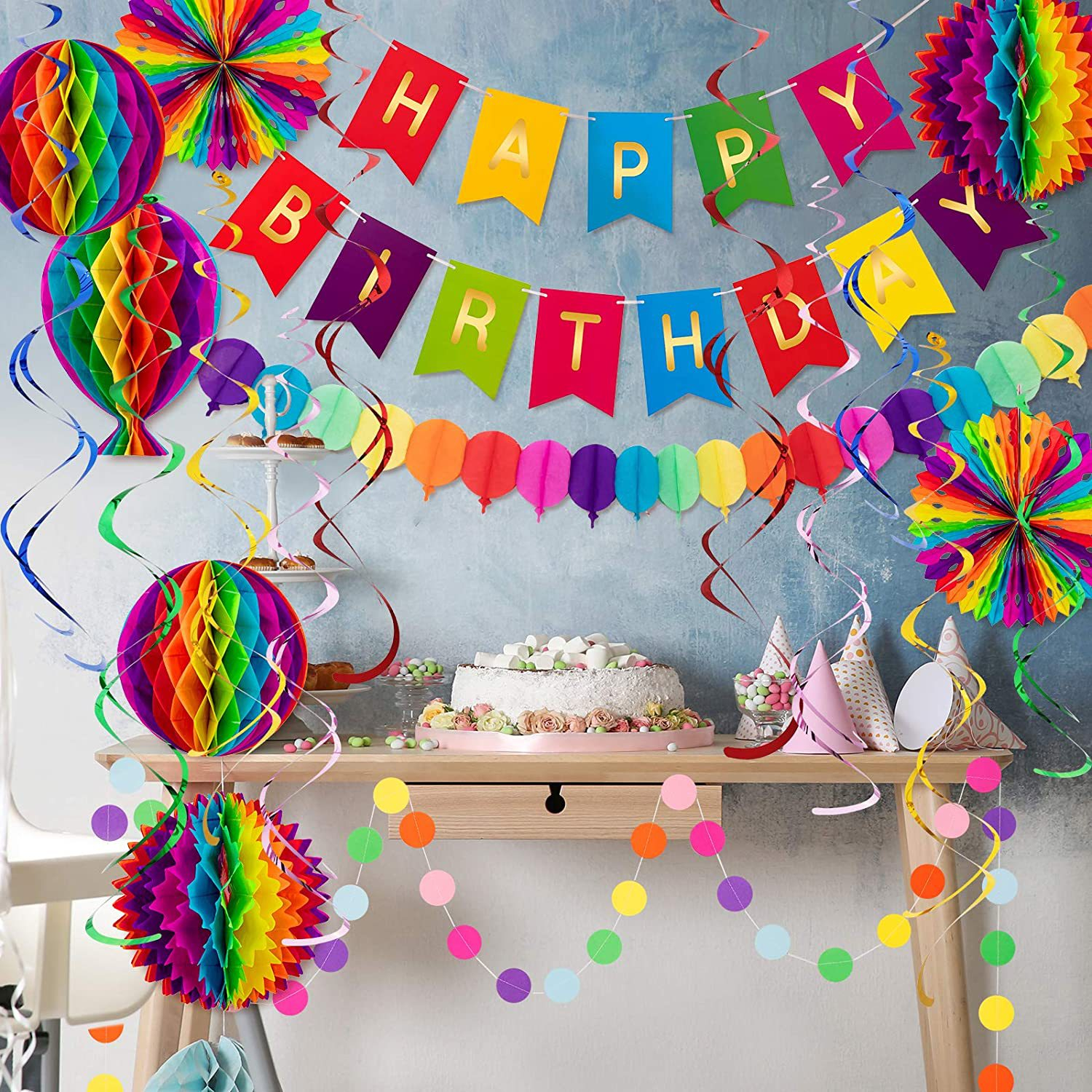 (37-tlg. Set) Happy Birthday Girlande Geburtstags Party Deko   Papier Wabenkugeln / Spiralen Girlanden - Bunt