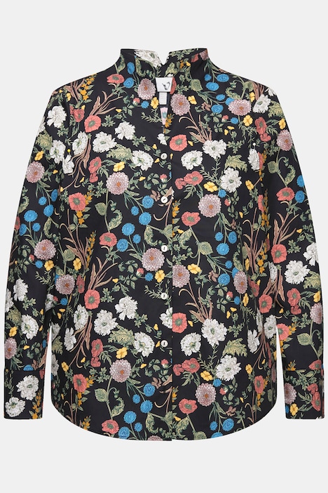 Bluse, Blüten, Kelchkragen, V-Ausschnitt, Langarm