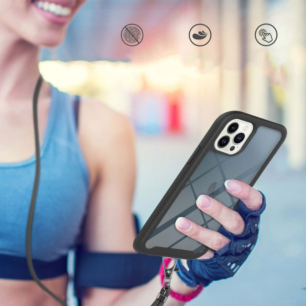 iPhone 15 Pro Hybrid Hülle Shock Proof   Necklace Handykette (130cm) - Schwarz